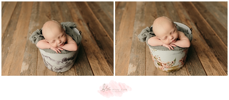 2 pictures of newborn baby boy posed in bucket